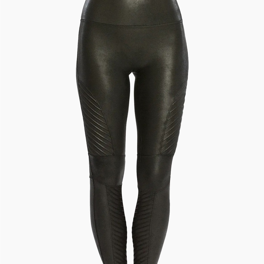 SPANX Black Faux Leather Moto Leggings, Size L